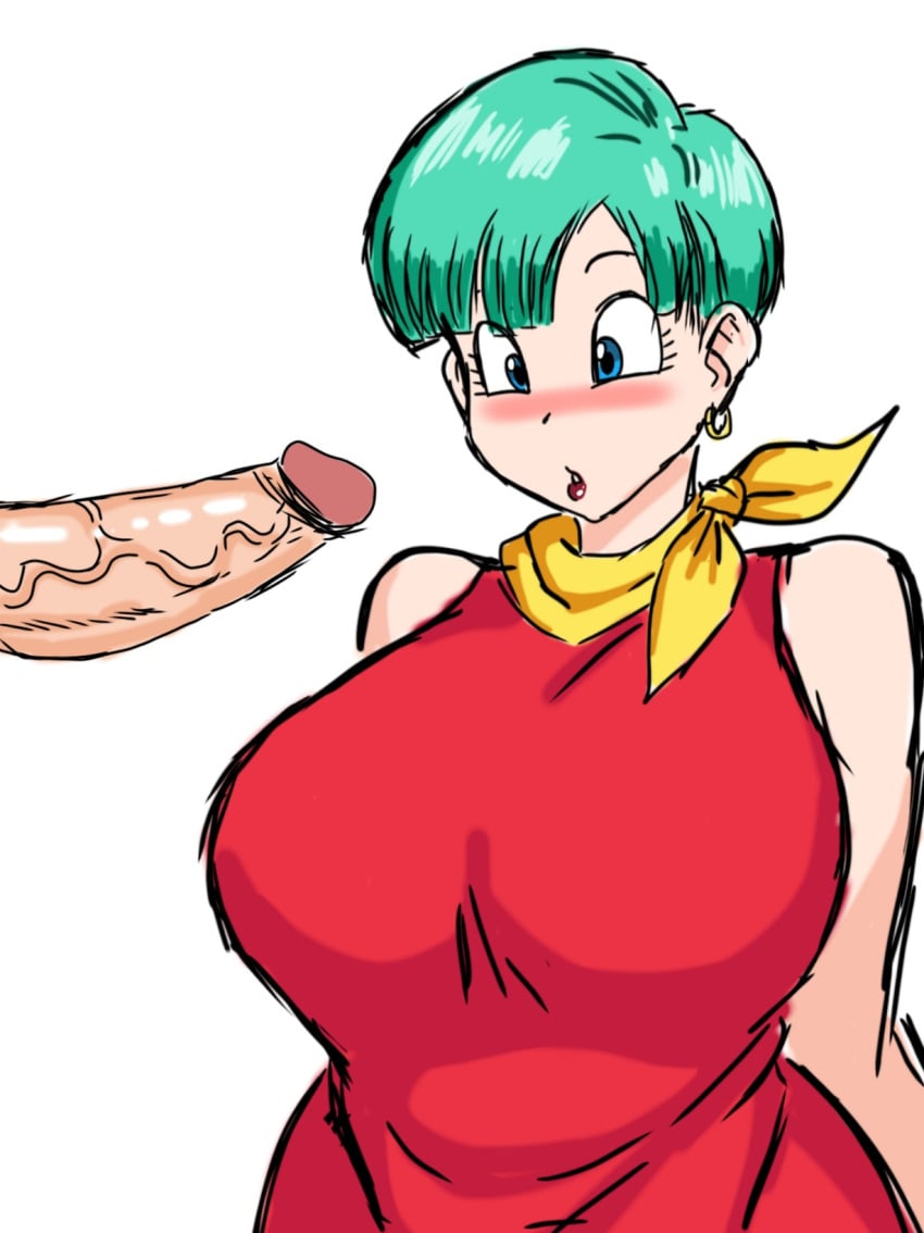 1boy 1girls 2021 big_breasts blush blushing bulma bulma_(dragon_ball) bulma_briefs bulma_briefs_(majin_buu_saga) color dragon_ball dragon_ball_z female male milf momiji_(artist) penis solo_focus straight toei_animation white_background