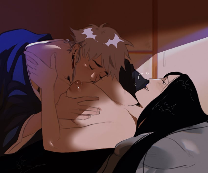 2girls black_hair bleach bleach:_the_thousand-year_blood_war blush breast_grab breast_sucking breasts closed_eyes clothed_female_nude_female female female_only gray_hair hand_on_another's_shoulder intimate kissing kotetsu_isane large_breasts long_hair looking_at_partner multiple_girls nipples partially_clothed polarbiskits romantic romantic_couple saliva_trail short_hair teacher_and_student tomboy unohana_retsu unohana_yachiru visible_breath yuri