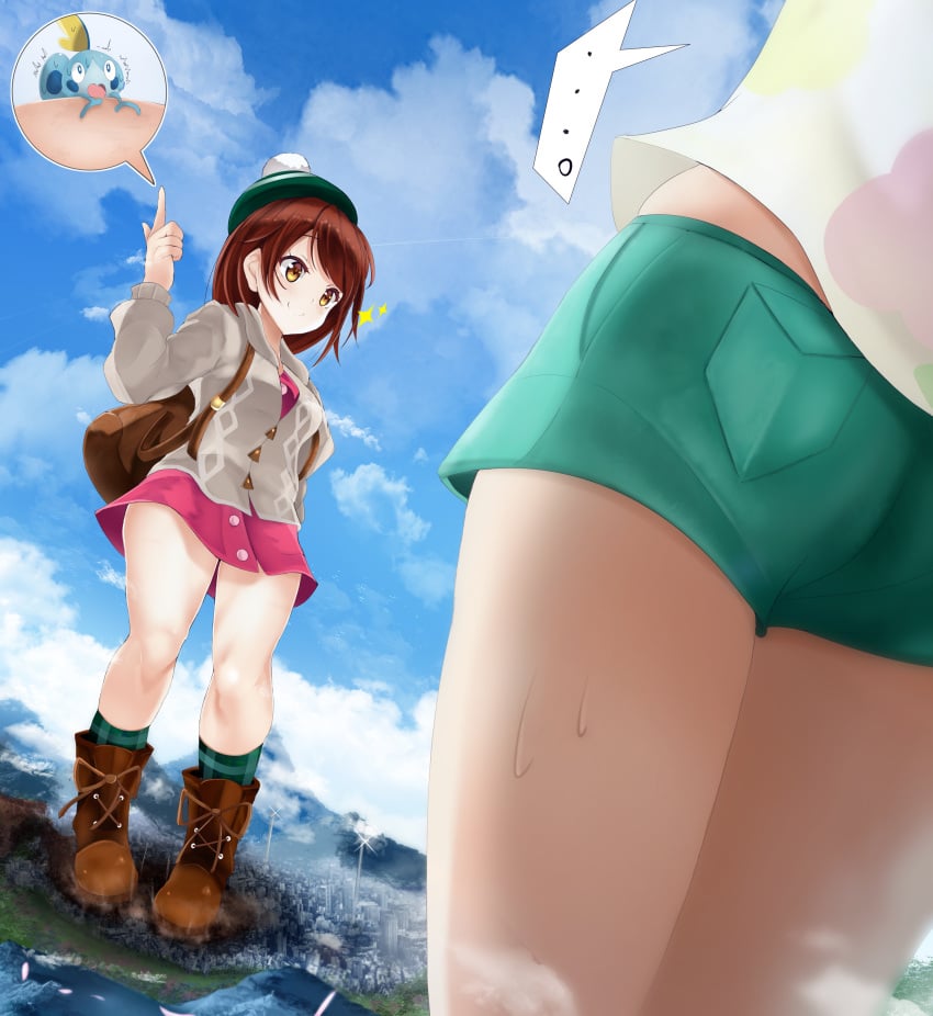 alice-magic brown_backpack brown_boots city_background destruction giantess gloria_(pokemon) green_shorts grey_jacket hawaiian_shirt nintendo pink_vest pokemon pokemon_sm pokemon_ss selene_(pokemon) sky sobble sparkles stomp sweating thick_thighs