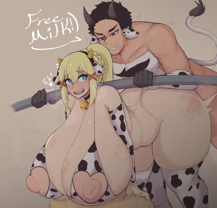 1boy 1girls areolae ass bent_over big_ass big_breasts big_thighs blonde_hair blue_eyes breasts busty cow_boy cow_ears cow_girl cow_horns cow_print cow_print_armwear cow_print_legwear cow_tail curvy darkness_(konosuba) doggy_style female giant_ass giant_breasts gigantic_ass gigantic_breasts gigantic_thighs huge_ass huge_breasts huge_thighs hyper_breasts implied_sex josebonn justin_(chin_jhin) kono_subarashii_sekai_ni_shukufuku_wo! large_ass large_breasts male massive_ass massive_breasts massive_thighs nipples penis_in_pussy sex sex_from_behind slap_mark thick_thighs thighs wide_hips wide_thighs