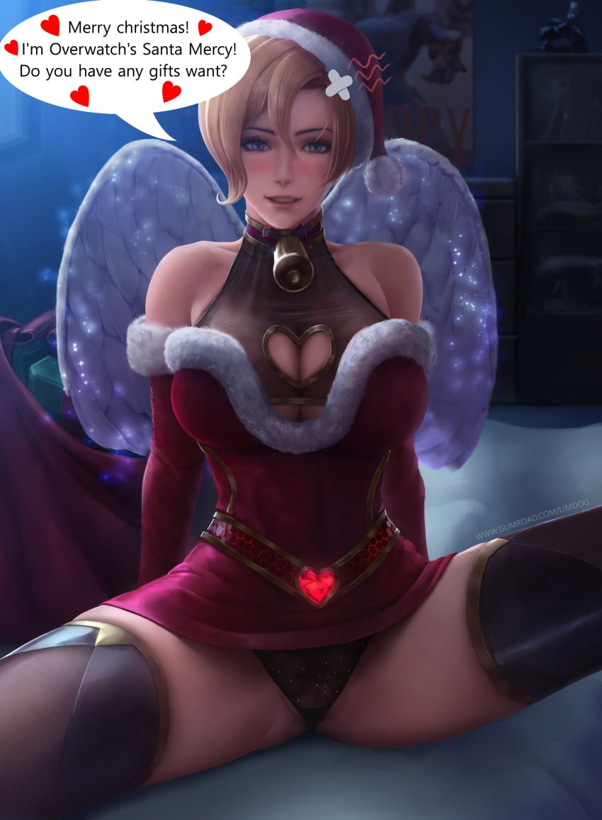 1girls 2018 absurd_res absurdres arm_at_side arm_support bell bell_collar blizzard_entertainment blonde_hair blue_eyes blush box bracelet breasts brown_legwear christmas christmas_outfit cleavage cleavage_cutout collar collarbone cross-laced_footwear dialogue dress elbow_gloves english english_text eyelashes female female_only fur_trim gift gift_box gloves hand_on_own_head hand_up hat heart high_resolution highres indoors jewelry large_breasts legwear limgae lined_gloves long_hair mercy one_eye_closed overwatch pink_lips poster_(object) pov red_dress red_hat red_headwear rework sack santa_hat sitting solo speech_bubble spoken_heart spread_legs strapless strapless_dress text thighhighs trimmed_dress trimmed_hat wings