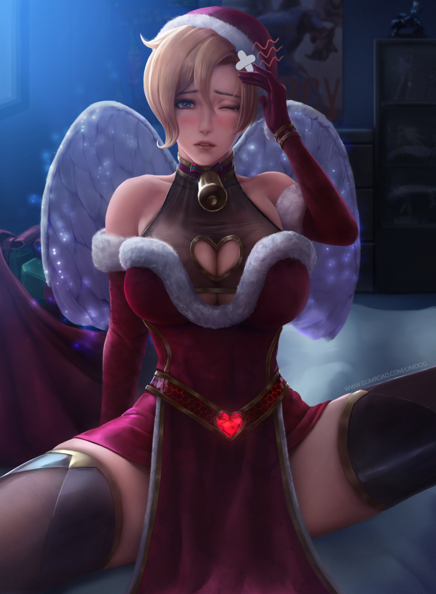 1girls 2018 absurd_res absurdres arm_at_side arm_support bell bell_collar blizzard_entertainment blonde_hair blue_eyes blush box bracelet breasts brown_legwear christmas christmas_outfit cleavage cleavage_cutout collar collarbone cross-laced_footwear dress elbow_gloves eyelashes female female_only fur_trim gift gift_box gloves hand_on_own_head hand_up hat heart high_resolution highres indoors jewelry large_breasts legwear limgae lined_gloves long_hair mercy one_eye_closed overwatch pink_lips poster_(object) pov red_dress red_hat red_headwear rework sack santa_hat sitting solo spread_legs strapless strapless_dress thighhighs trimmed_dress trimmed_hat wings