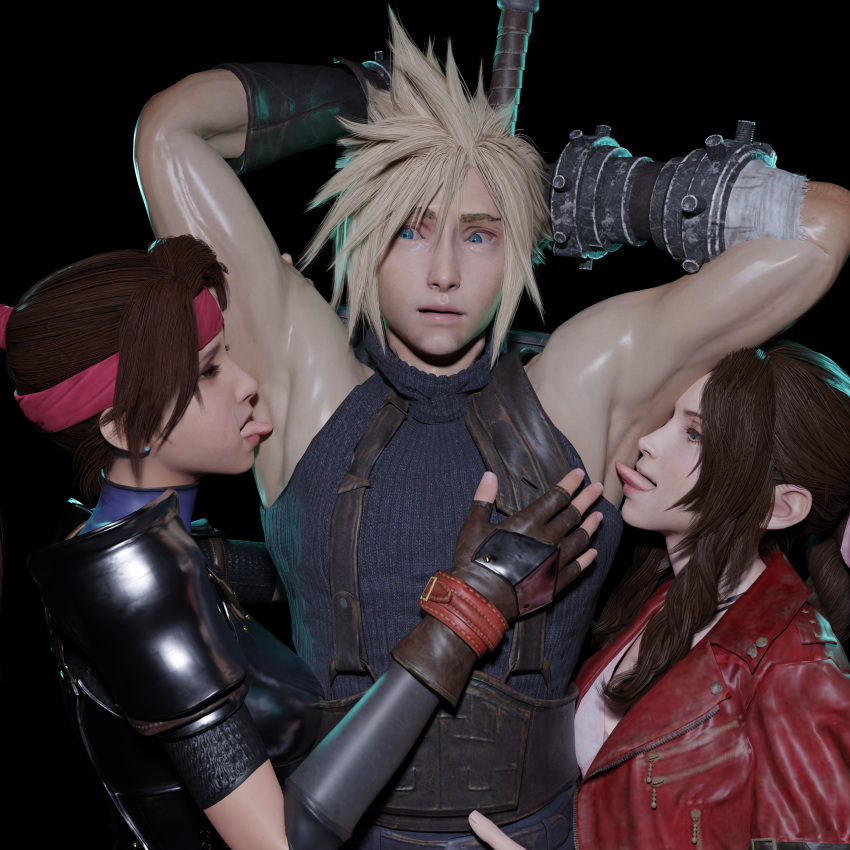 1boy 2girls 3d aerith_gainsborough armpit armpit_licking armpits blender blender_taper blonde_hair brown_hair cloud_strife final_fantasy final_fantasy_vii final_fantasy_vii_remake headband jessie_rasberry licking manpits smooth_skin square_enix theblendertaper