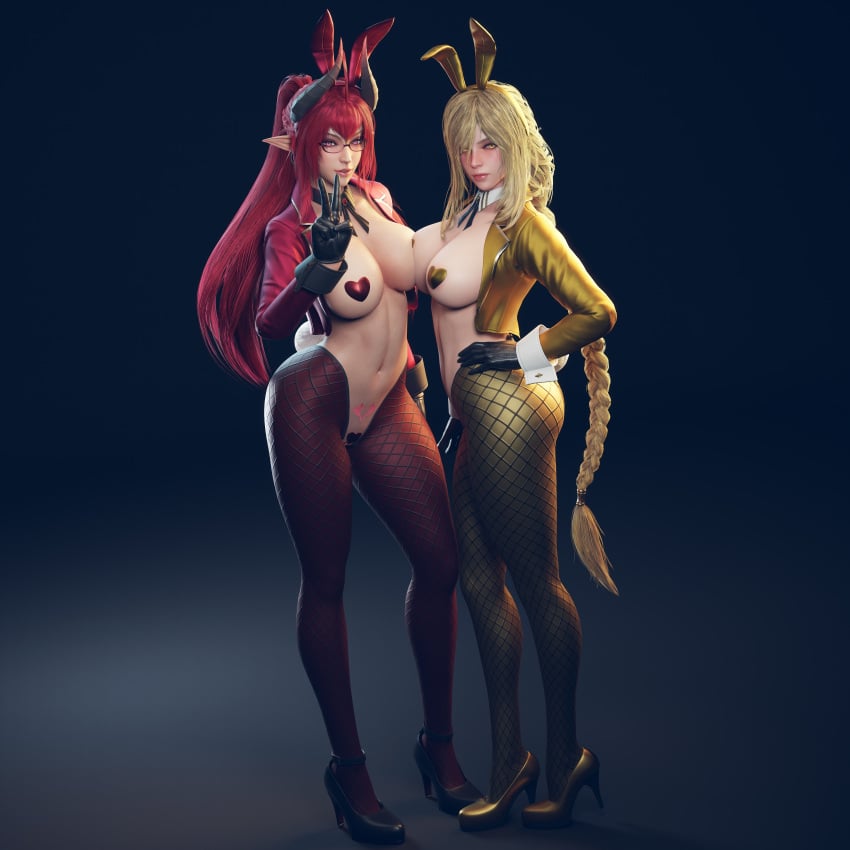 3d 3d_(artwork) alternate_hairstyle big_breasts blonde_hair daemon_girl elden_ring fromsoftware glasses glowing_eyes horns oc original original_character pubic_tattoo queen_marika_the_eternal red_hair revealing_clothes reverse_bunnysuit ryanreos sinia succubus succubus_horns succubus_tattoo tattoo unusual_pupils yellow_suit