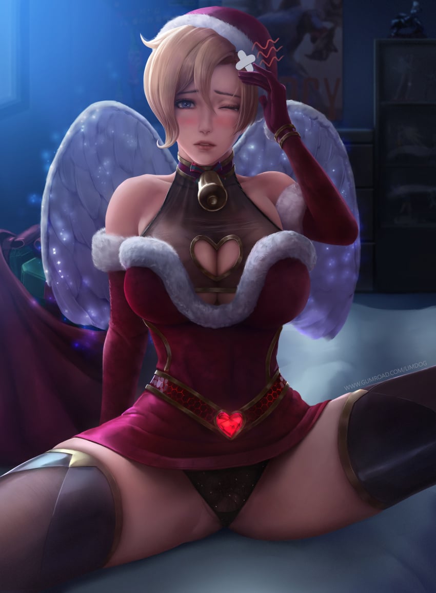 1girls 2018 absurd_res absurdres arm_at_side arm_support bell bell_collar blizzard_entertainment blonde_hair blue_eyes blush box bracelet breasts brown_legwear christmas christmas_outfit cleavage cleavage_cutout collar collarbone cross-laced_footwear dress elbow_gloves eyelashes female fur_trim gift gift_box gloves hand_on_own_head hand_up hat heart high_resolution highres indoors jewelry large_breasts legwear limgae lined_gloves long_hair male_pov mercy one_eye_closed overwatch pink_lips poster_(object) pov red_dress red_hat red_headwear rework sack santa_hat sitting solo spread_legs strapless strapless_dress thighhighs trimmed_dress trimmed_hat wings