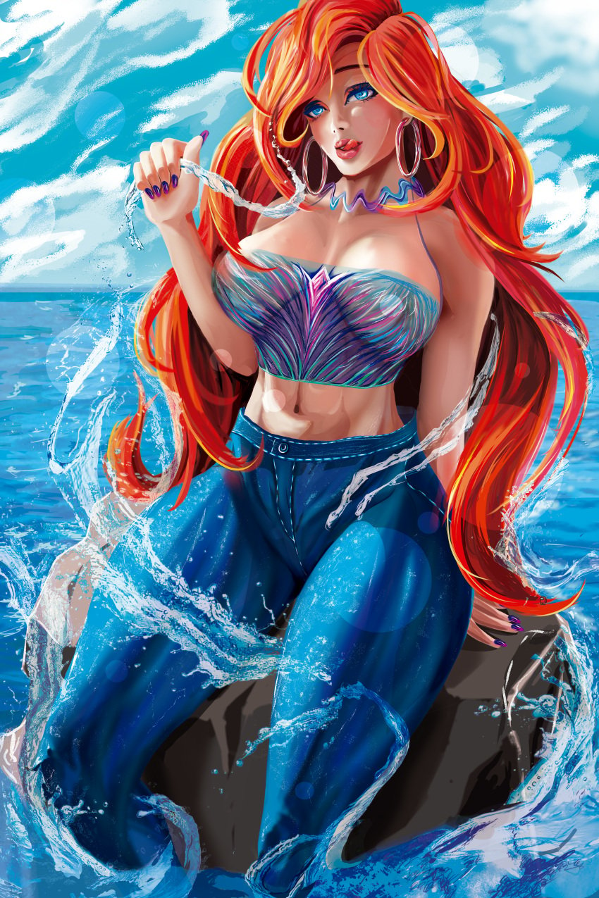 beach big_breasts blue_eyes blue_sky breasts chelsea_(ruby_gillman) colored_nails crop_top dantedraw female fluids human human_form jeans jewelry legs long_hair luxury mermaid ocean pants png red_hair red_lipstick ruby_gillman,_teenage_kraken sea sunny teenager tongue_out voluptuous voluptuous_female water wet