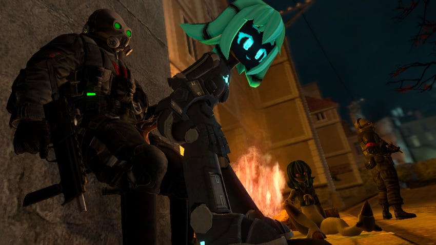 battlefield beta_combine_soldier blue_hair combine cum cum_inside doggy_style garry's_mod half-life_2 humanoid metrocop mp7_(weapon) night robot_girl rollermine_girl smug vortigaunt_(female) weapon