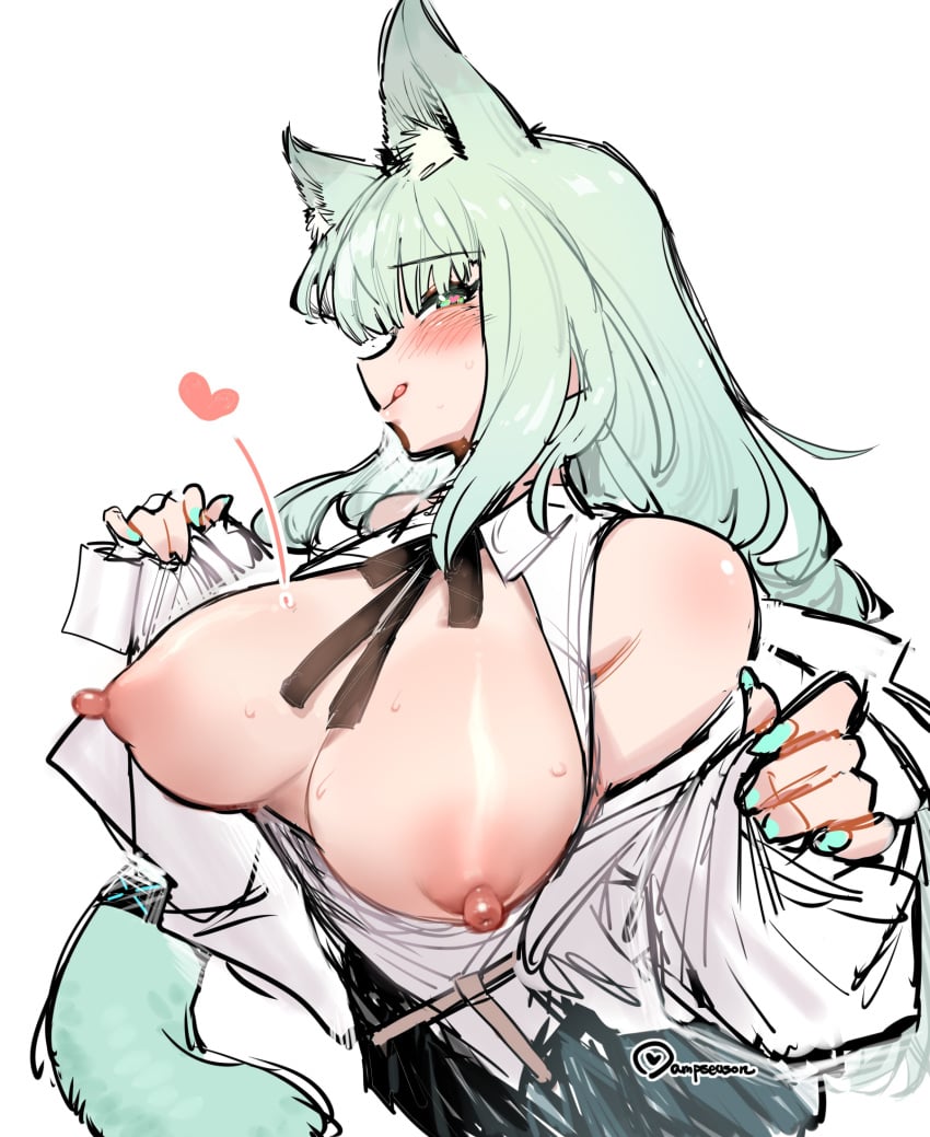 1girls 2023 animal_ear_fluff animal_ears arknights artist_name big_breasts blush breasts cat_ears cat_tail female green_hair harmonie_(arknights) heart heart-shaped_pupils hi_res light-skinned_female light_skin long_hair long_sleeves looking_at_viewer nipples simple_background solo stine_r tongue tongue_out topless