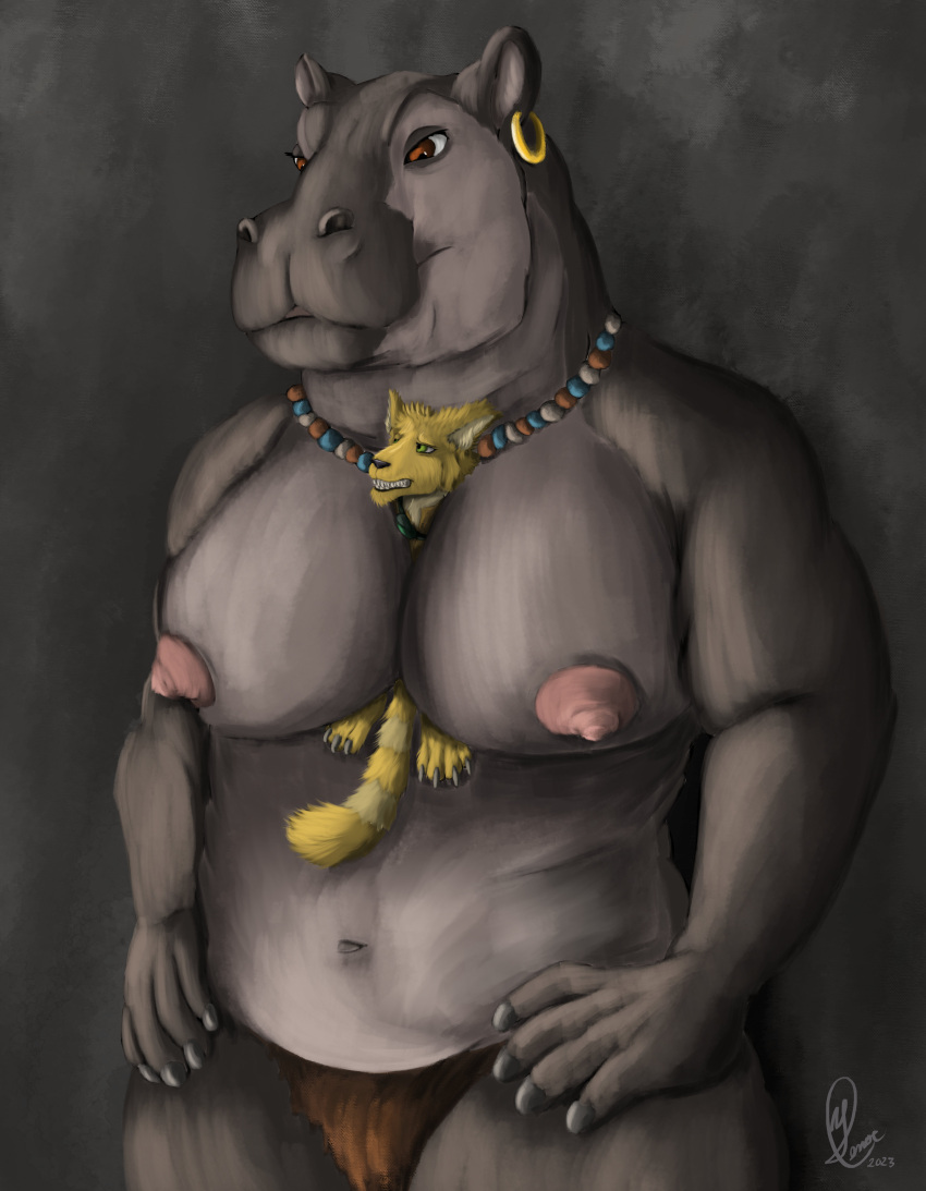 absurd_res anthro befitu big_breasts bottomwear breast_play breast_squish breasts brown_eyes clothing duo ear_piercing ear_ring eyewear female fur goggles green_eyes grey_body grey_skin hi_res hippopotamid homebrew jaktus jewelry loincloth male male/female mammal necklace nipples overweight owhen piercing ring_piercing secrets_of_uncrom size_difference size_play squish uncrom yellow_body yellow_fur yenocwolf