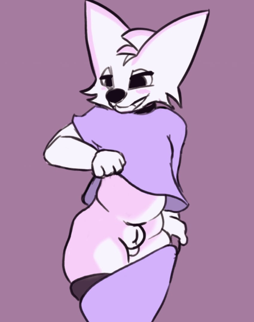 animal_genitalia anthro balls blush bottomwear bottomwear_pull boykisser boykisser_(meme) chubby_belly chubby_male clothing clothing_pull felid genitals girly hi_res legwear male male_only mammal meme pants pants_pull purple_clothing purple_shirt purple_topwear sheath shirt silly_cat_(mauzymice) smile solo solo_focus thick_thighs thigh_highs topwear vivarin1969 wide_hips