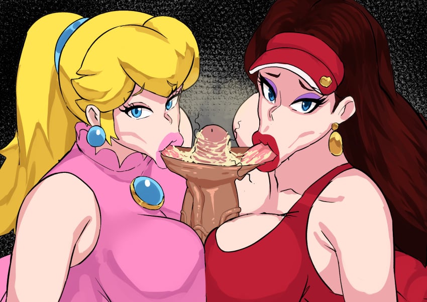 1boy 2d 2girls :>= :p blonde_hair breasts brown_hair clothing cyberboi double_paizufella double_paizuri female foreskin large_breasts licking licking_penis male mario_(series) mario_tennis multiple_girls musky_cock nintendo paizufella paizuri pauline penis ponytail princess_peach pubic_hair_in_mouth smegma smegma_in_mouth stray_pubic_hair tagme tongue_out uncut visor