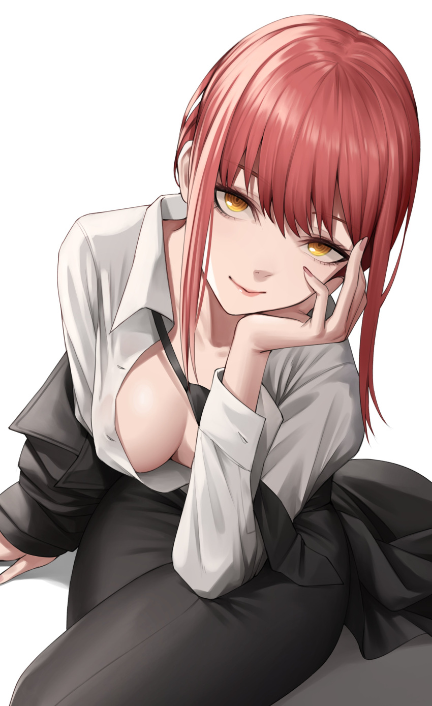 1girls big_breasts chainsaw_man cleavage female female_only kuronerinka light-skinned_female looking_at_viewer makima_(chainsaw_man) mappa open_shirt red_hair solo white_background