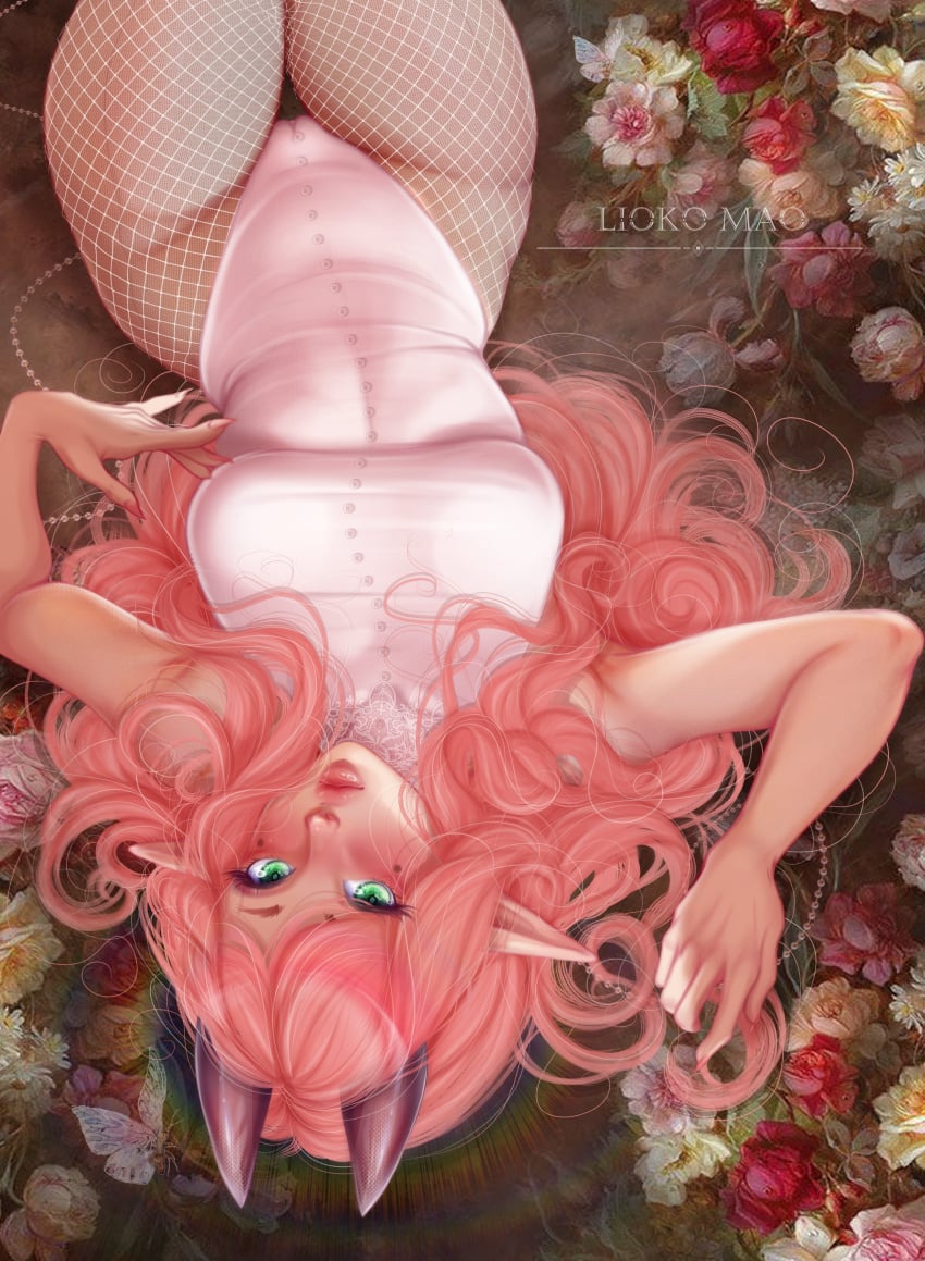 1girls absurd_res blush detailed_background fanart female female_only fishnet_pantyhose fishnets green_eyes hannybunny_(greenu) horns leotard liokko_mao long_hair looking_at_viewer lying lying_on_back pantyhose pink_hair pink_lips pointy_ears solo upside-down