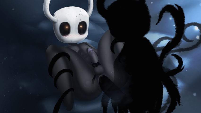 <3_eyes absurd_res anal anal_sex animal_humanoid anthro anus arthropod arthropod_humanoid balls big_penis black_body blush bodily_fluids cracked cracks dripping duo embarrassed genital_fluids genitals glowing glowing_eyes heart hi_res hollow_knight horn humanoid insects lazyisopod lying male male/male male_only nude on_back penetration penis precum precum_drip precum_on_penis protagonist_(hollow_knight) shade_(hollow_knight) shadow_creature spread_legs spreading team_cherry tentacle tentacles_around_legs