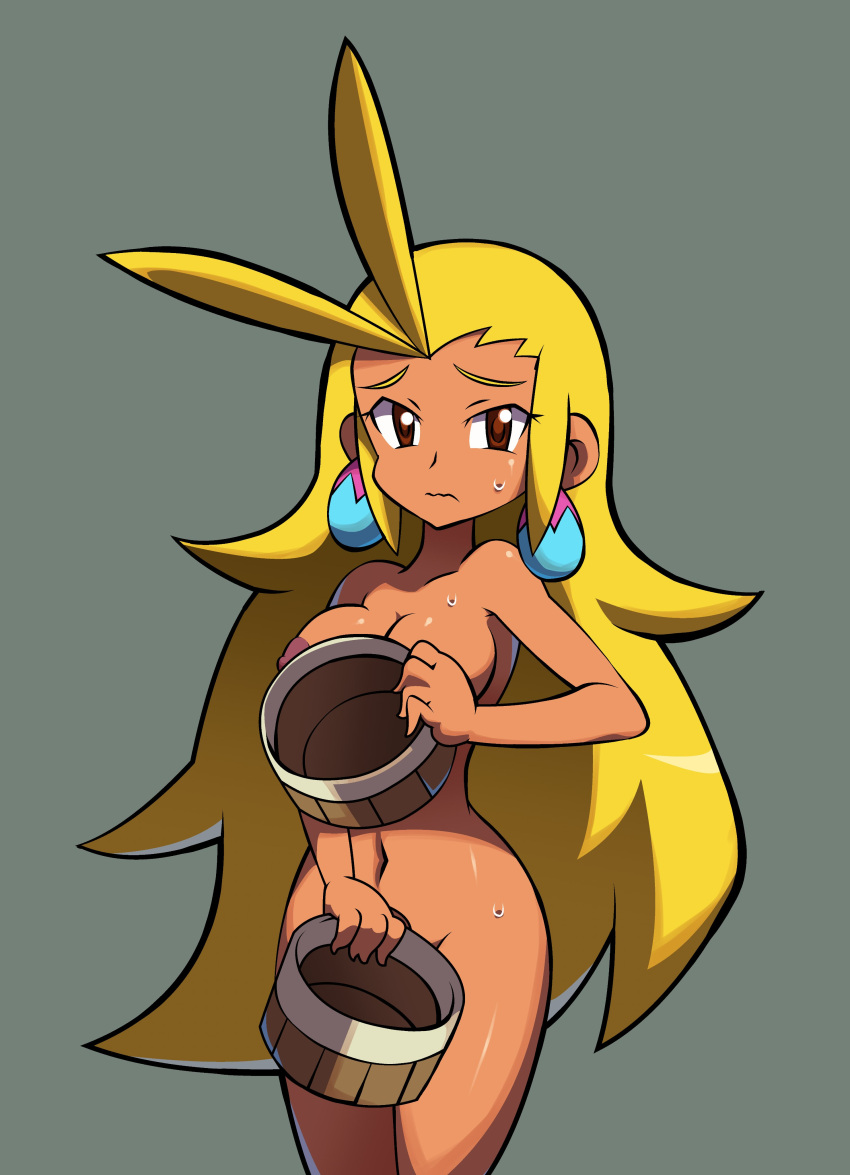 1girls accurate_art_style areolae blonde_hair breasts covering covering_breasts covering_crotch embarrassed embarrassed_nude_female enf female female_only long_hair looking_at_viewer naked naked_female nipples niyuyu nude nude_female shantae sky_(shantae) smooth_skin solo solo_female sweat