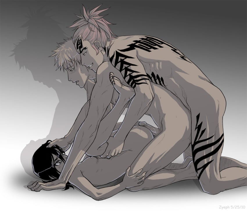 1girl 2boys abarai_renji anal anal_sex artist_name bisexual bisexual_male bisexual_sandwich black_hair bleach breasts dated erection female flat_chest grinding ichigo_kurosaki kneeling kuchiki_rukia kurosaki_ichigo male mmf_threesome multiple_males muscle nipples nude nude_female nude_male on_back penis pussy_juice red_hair renji_abarai sex shadow short_hair tattoo threesome yaoi zyephen