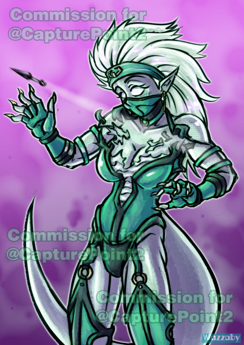 breasts claws clothing_damage exposed_breasts khameleon kunai leotard mortal_kombat pointy_ears reptile reptile_humanoid scalie scalie_humanoid surprise surprised surprised_expression tail text watermark wazzaby white_hair