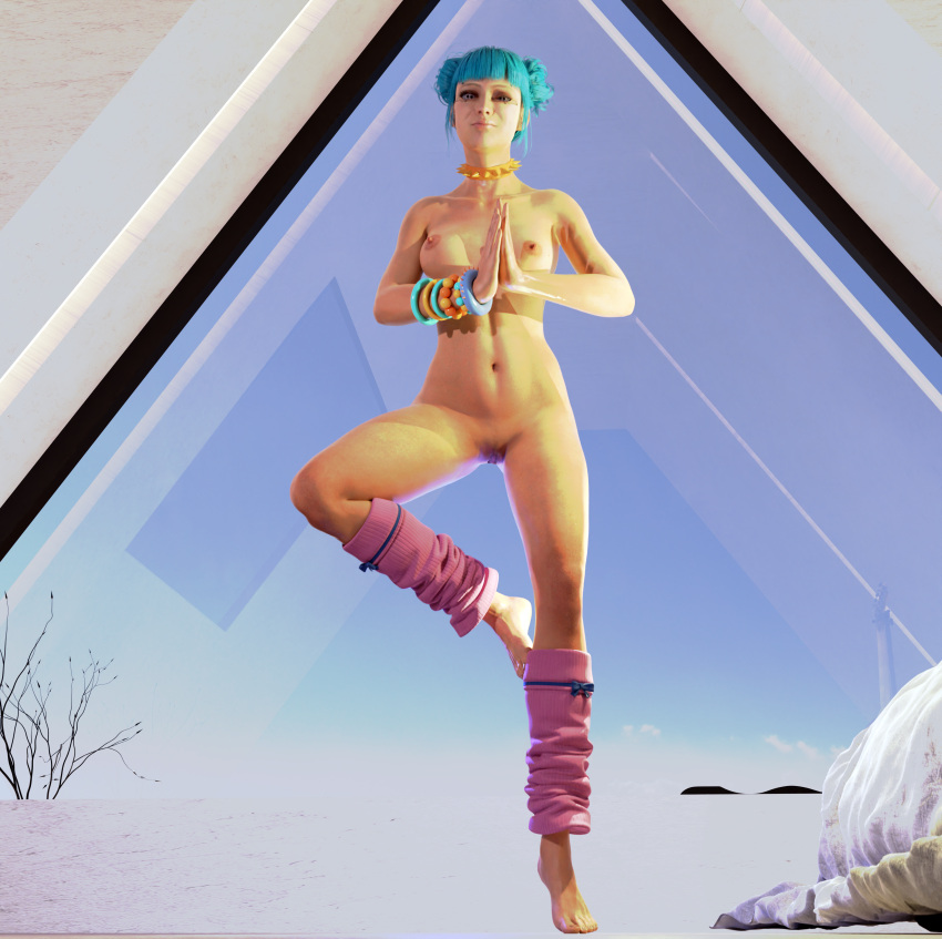 1girls 3d blue_moon_(cyberpunk_2077) cd_projekt_red cyberpunk_2077 darkestdark female female_only happy legwear legwear_only nipples pussy solo yoga