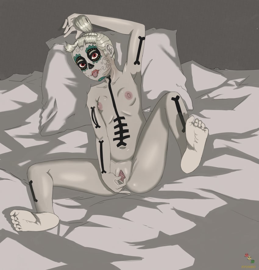 albino bed bodypaint chimi chimi_(maya_and_the_three) dia_de_los_muertos fingers_on_pussy flat_chest flat_chested foot_focus grey_skin maya_and_the_three pillow pussy red_eyes skeleton_markings spread_legs tongue_out tribal_paint