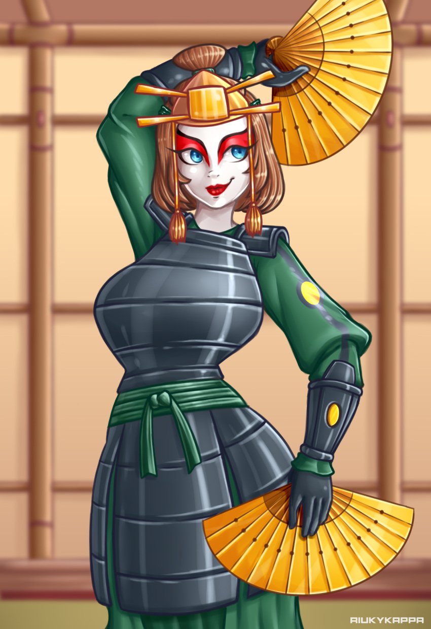 1girls 2d armor artist_name avatar_legends avatar_the_last_airbender blue_eyes breasts brown_hair clothed clothing earth_kingdom eyelashes eyeshadow female female_focus female_only hand_fan headgear headwear indoors kyoshi_warrior lipstick makeup pose red_lipstick riukykappa smile smiling solo solo_female suki wide_hips