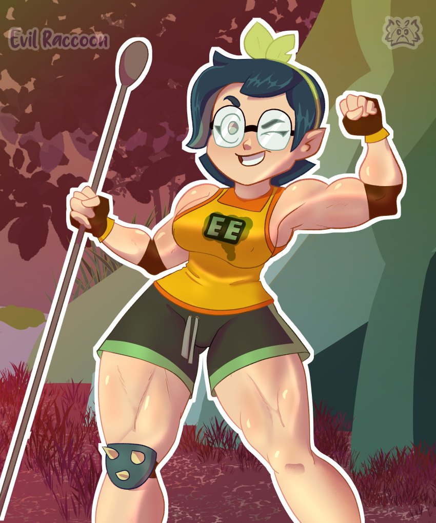 abs big_breasts disney evil_raccoon glasses muscles muscular muscular_female one_eye_closed short_hair smile smiling sportswear straight_hair strong the_owl_house thick thick_thighs white_body willow_park wink witch