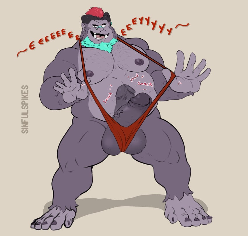 1boy 2023 6pklion absurd_res alternate_version_at_source anthro ape balls balls_slip bara barazoku beard belly biceps big_penis bikini body_hair bouncing_penis bruiser_(6pklion) clothing english_text facial_hair full-length_portrait genitals gorilla hairy_balls haplorhine hi_res ineffective_clothing male male_only mammal mankini monkey monkey_boy monkey_feet moobs musclegut muscular muscular_anthro muscular_male nipples onomatopoeia overweight overweight_anthro overweight_male penis poking_out pose prehensile_feet presenting presenting_penis primate sling_bikini smack_(sound_effect) solo sound_effects swimwear text thick_thighs vein veiny_penis