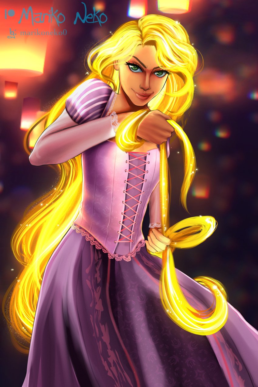 1girls blonde_hair clothed disney disney_princess female fighting_stance long_hair marikoneko marikoneko0 rapunzel tangled text