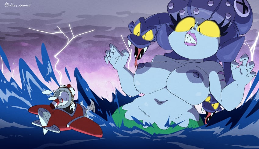 1boy 1girls angry breasts cala_maria coolerinker cup cuphead cuphead_(game) female fish_tail green_skin huge_breasts inker_comics inkershike male mermaid naked nipples nude plane purple_hair sea sharp_teeth snake storm tagme wide_eyed yellow_eyes