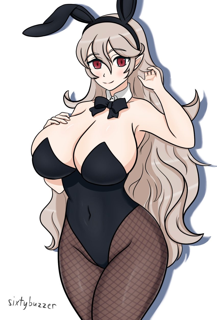 1girls black_bow black_bowtie bow bowtie breasts brown_hair bunny_ears bunny_girl bunnysuit cleavage closed_mouth corrin_(female)_(fire_emblem) corrin_(fire_emblem) corrin_(fire_emblem)_(female) covered_navel female female_only fire_emblem fire_emblem_fates fishnet_legwear fishnets grey_hair hair_between_eyes hand_in_own_hair hand_on_own_chest highres huge_breasts large_breasts leotard long_hair looking_at_viewer navel nintendo pantyhose rabbit_ears red_eyes sixtybuzzer smile solo thick_thighs thighhighs thighs very_long_hair wavy_hair white_background