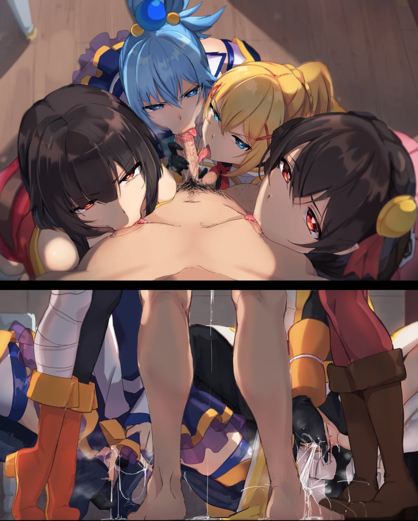 1boy 4girls :>= absurdres angry angry_fellatio ankle_boots aqua_(konosuba) bandaged_leg bandages bare_shoulders barefoot black_gloves black_legwear blowjob blue_eyes blue_hair blue_legwear boots brown_footwear brown_hair clothed_female_nude_male collaborative_fellatio darkness_(konosuba) eyebrows_visible_through_hair fellatio fingering fivesome glaring gloves hair_between_eyes hair_ornament harem highres kono_subarashii_sekai_ni_shukufuku_wo! licking licking_nipple licking_penis looking_at_viewer male_nipple_stimulation male_pubic_hair masturbating_during_fellatio megumin multiple_girls nude oral orange_footwear penis pov pubic_hair pussy_juice pussy_juice_drip pussy_juice_on_floor pussy_juice_on_ground red_eyes red_legwear saliva satou_kazuma shirabe_shiki squatting squirting squirting_on_person standing straight teamwork third-party_edit tiptoes tongue tongue_out uncensored unseen_male_face x_hair_ornament yunyun_(konosuba)