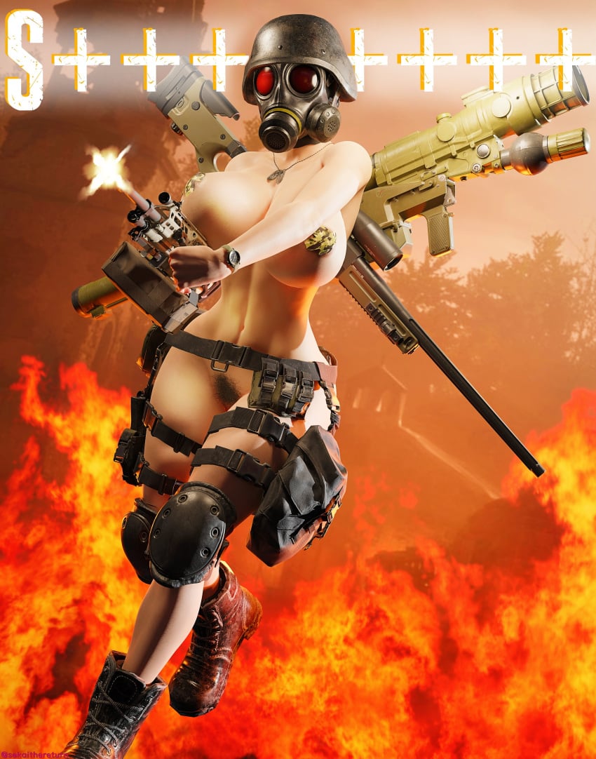 1girls 3d abs big_breasts boots bottomless breasts busty child_bearing_hips covered_nipples firearm fit_female gas_mask gun hourglass_figure hunk_(resident_evil) nipple_pasties nude nude_female nudity pubic_hair resident_evil resident_evil_2 rule_63 sekaithereturn sniper_rifle solo tactical_gear tactical_nudity voluptuous wide_hips