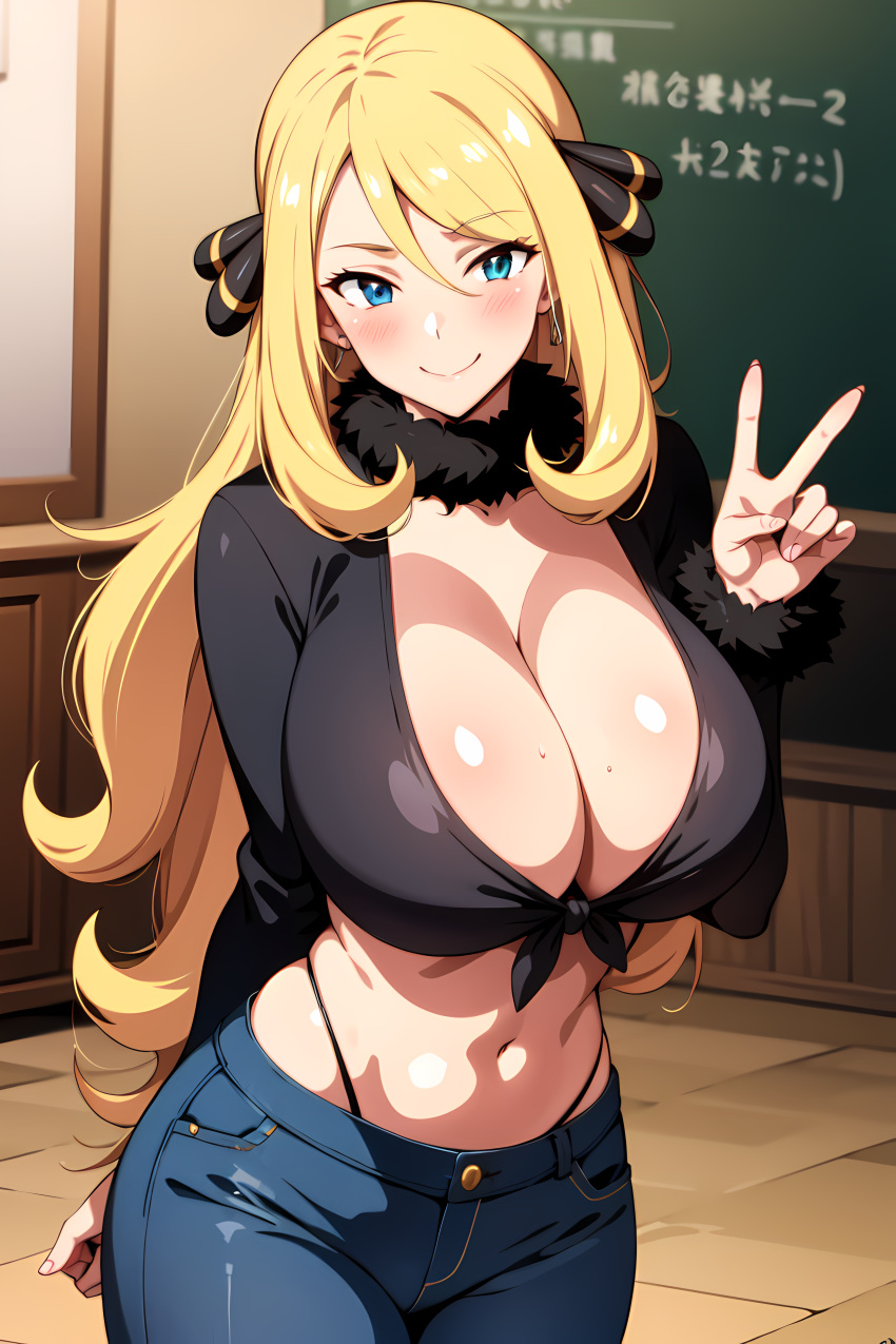 ai_generated big_breasts black_clothing blonde_hair blue_eyes blue_jeans blush busty chalkboard cleavage crop_top curvy cynthia_(pokemon) facing_forward female female_only fur_collar g-string hair_ornament hi_res highres indoors jeans long_hair long_sleeves looking_at_viewer navel one_arm_behind_back peace_sign pokemon seraphim_ai smile solo stable_diffusion standing tied_shirt