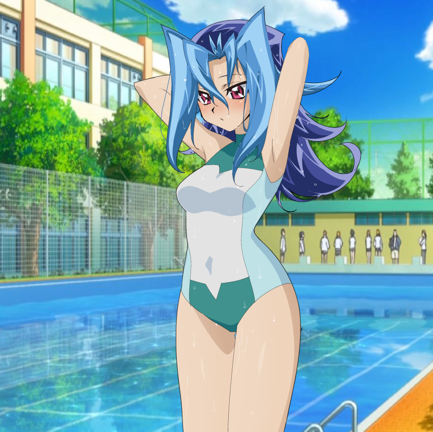 1girls background_characters blue_hair blush bryanjoel dntks edit female female_focus hair_up kamishiro_rio long_hair medium_breasts navel red_eyes rio_kamishiro solo_focus swimsuit yu-gi-oh! yu-gi-oh!_zexal