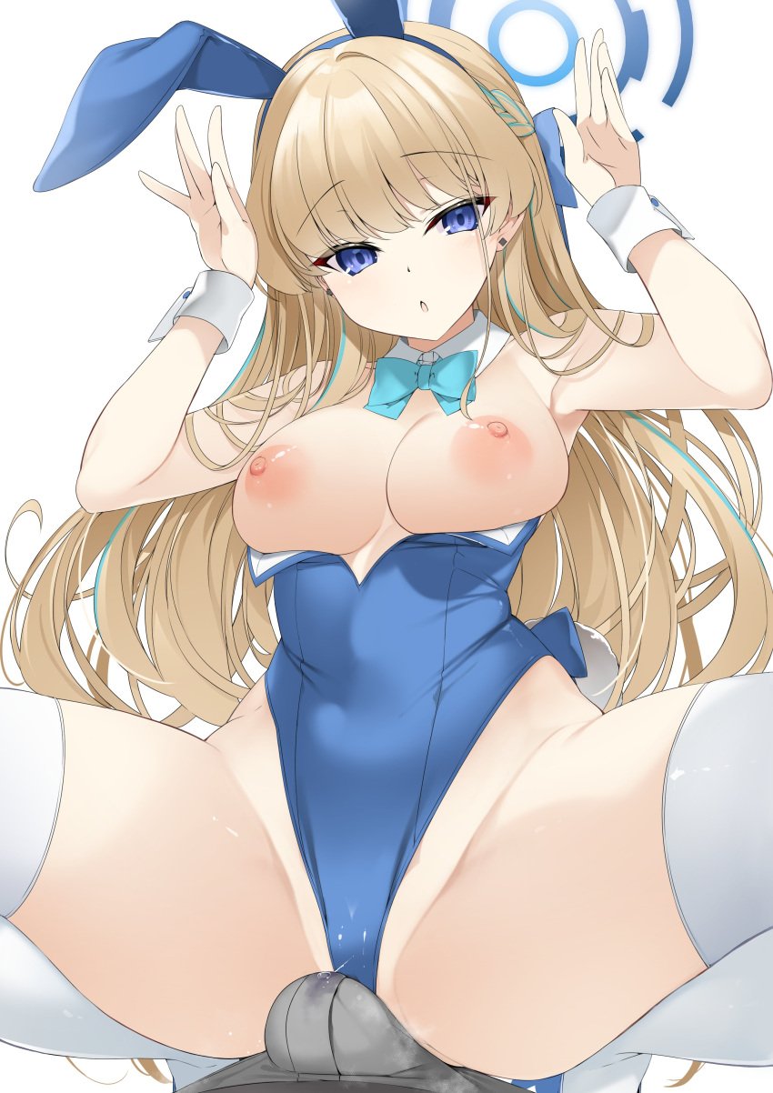 :o absurdres animal_ears bare_shoulders blonde_hair blue_archive blue_bow blue_bowtie blue_eyes blue_halo blue_leotard bow bowtie braid breasts breasts_out bulge commentary_request cowgirl_position detached_collar ear_piercing eyes_visible_through_hair fake_animal_ears female halo highres large_areolae large_breasts leotard long_hair looking_at_viewer nipples open_mouth piercing playboy_bunny precum precum_drip precum_through_clothes rabbit_ears rabbit_pose rabbit_tail sasakura simple_background squatting squatting_cowgirl_position straight tail thighhighs toki_(blue_archive) toki_(bunny)_(blue_archive) white_background white_thighhighs white_wrist_cuffs wrist_cuffs