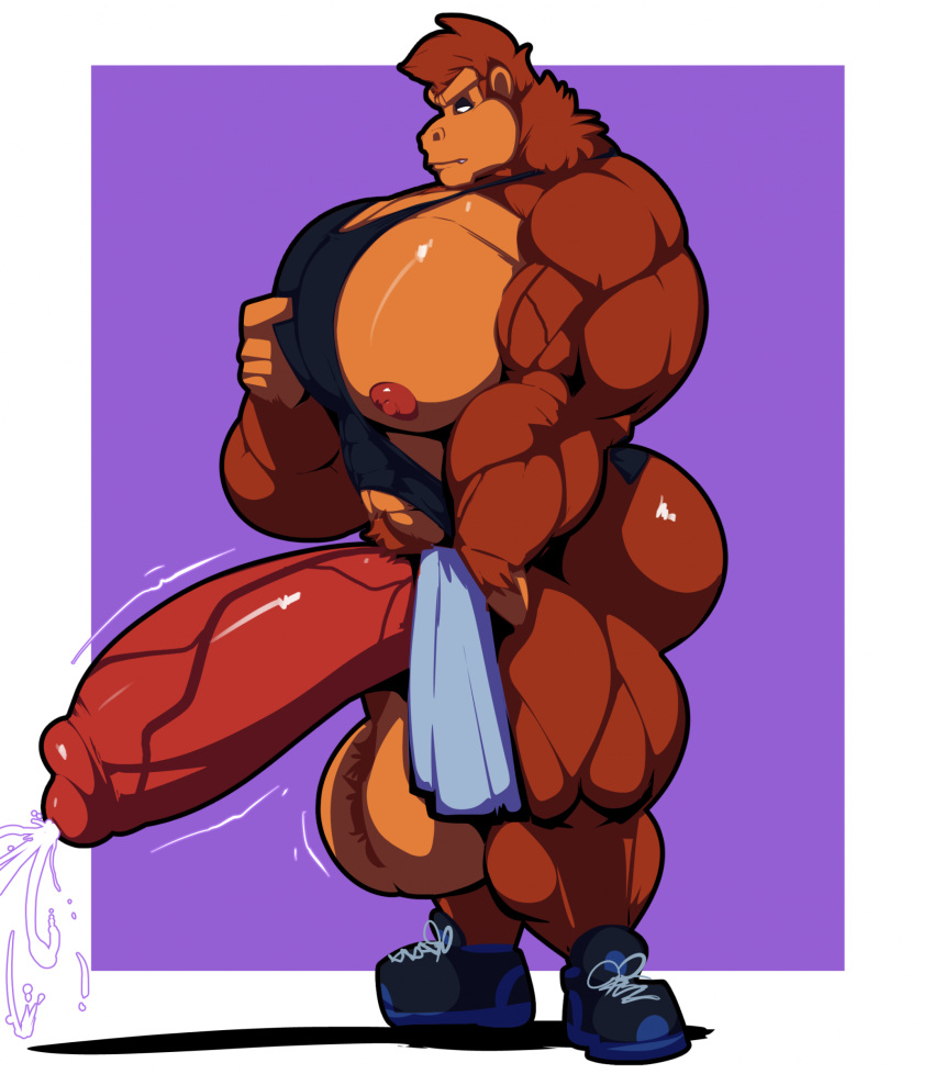 anthro ape balls bara barazoku big_balls big_muscles big_penis bobert boner brown_fur cum donkey_kong donkey_kong_(series) erection furry gorilla hyper_muscles hyper_penis male male_only muscles muscular nintendo orgasm pantsless penis shoes side_view solo solo_male tank_top tank_top_only