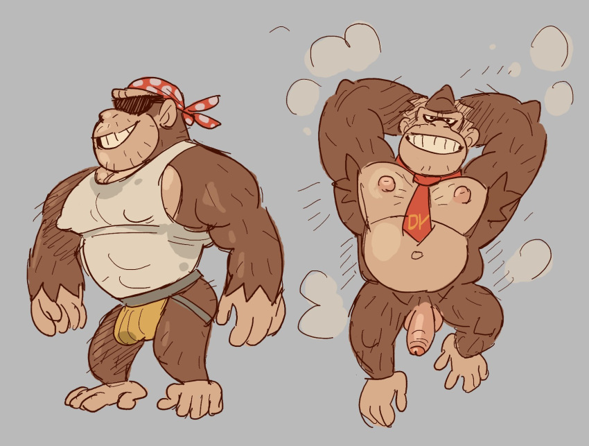 anthro ape balls bara barazoku brown_fur bulge bunbunny_(artist) donkey_kong donkey_kong_(series) flaccid funky_kong furry gay gorilla hands_behind_head headkerchief jockstrap lying_on_back male male_focus male_only muscles muscular musk necktie necktie_only nintendo nude penis smallsrabbit sunglasses sweat_stain tank_top