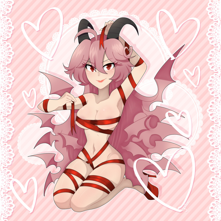 1girls areola_slip demon demon_girl demon_horns demon_wings funamusea gallaxi gift_wrapped horns large_breasts lil_(funamusea) pink_hair red_eyes solo source_request suggestive wings