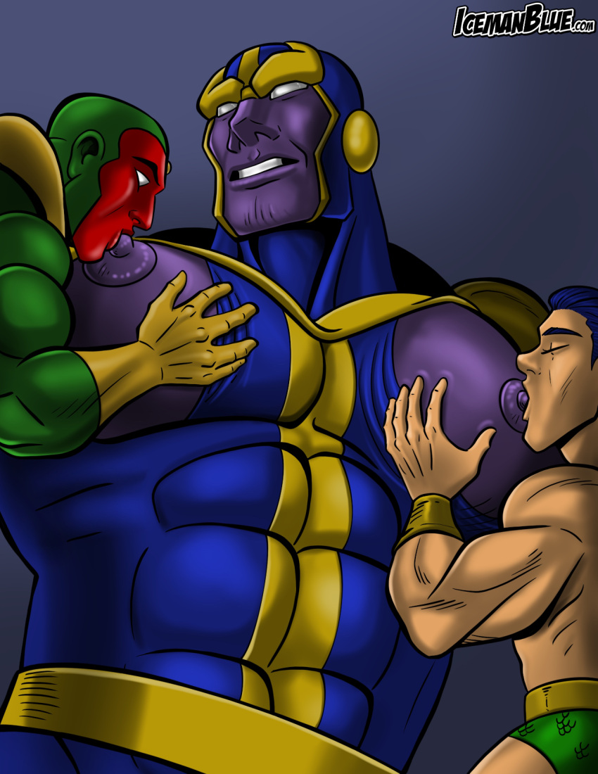 3boys big_pecs gay hi_res humanoid icemanblue male male/male/male male_only marvel marvel_comics mostly_clothed muscular muscular_male nipples partially_clothed pecs purple_body purple_skin sex sucking sucking_nipples thanos vision