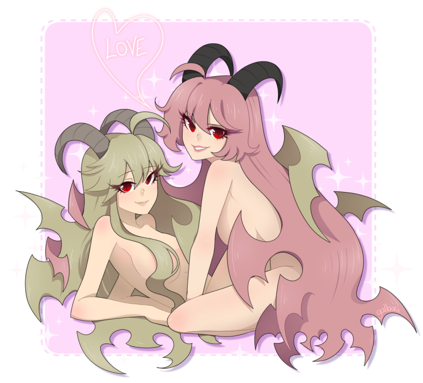 2girls blonde_hair completely_nude demon demon_girl demon_horns demon_wings female female_only funamusea gallaxi horns large_breasts lil_(funamusea) pink_hair red_eyes source_request suggestive wings yuri