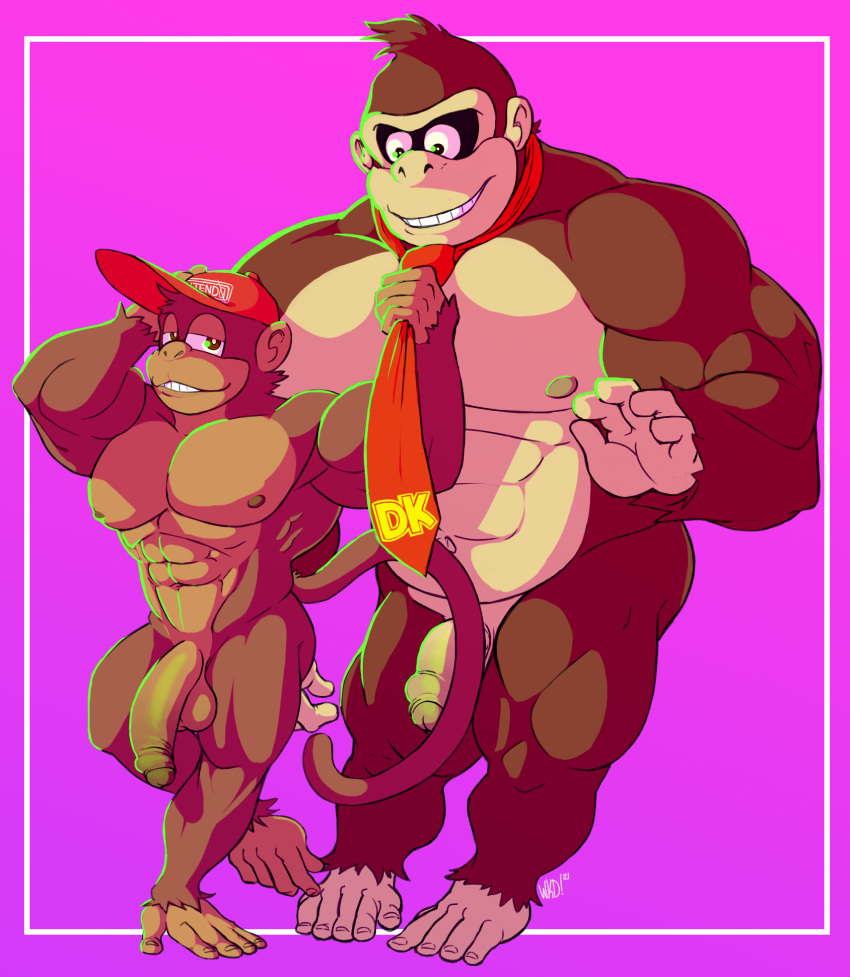 anthro ape balls bara barazoku baseball_cap brown_fur diddy_kong donkey_kong donkey_kong_(series) flaccid furry gorilla male male_only monkey muscles muscular necktie nintendo nude penis penis_size_difference pulling_tie size_difference small_but_hung tail wkd