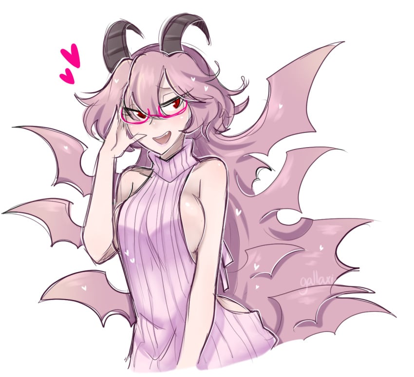 1girls demon demon_girl demon_horns demon_wings eyewear fangs female_only funamusea gallaxi glasses horns large_breasts lil_(funamusea) long_hair megane pink_eyewear pink_glasses pink_hair red_eyes sideboob solo source_request sweater wings