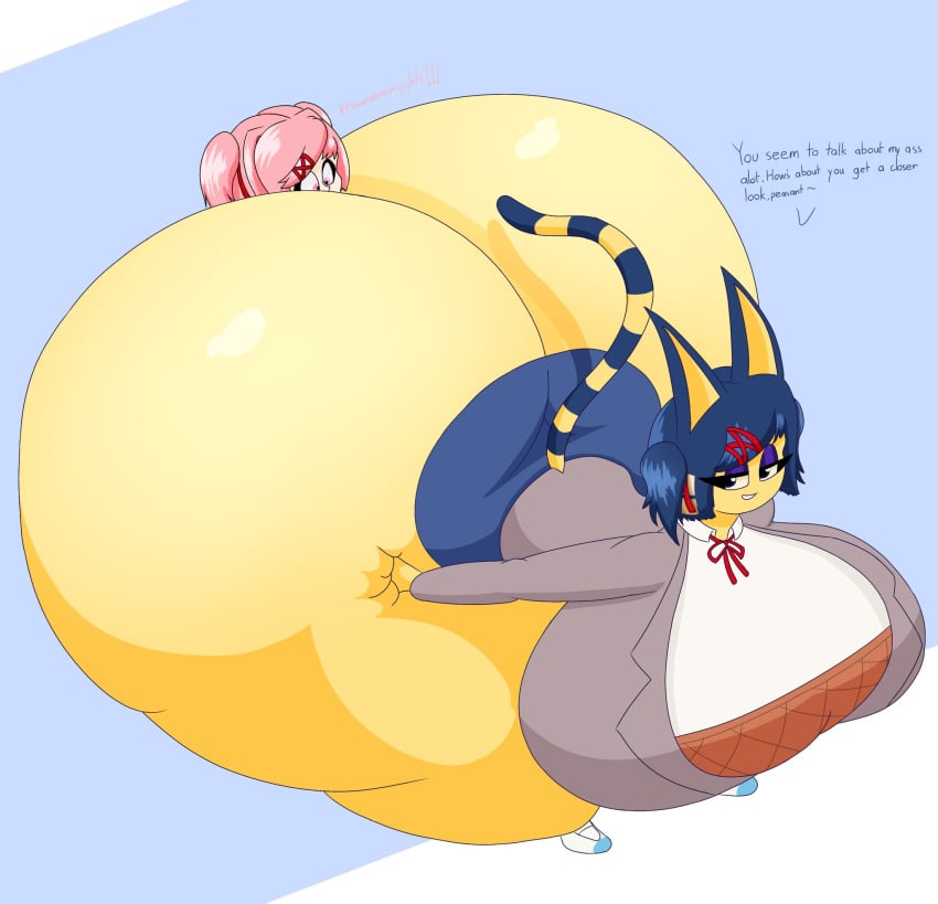 2girls animal_crossing ankha ankha_(animal_crossing) ankha_devine_(user3345) anthro ass big_ass big_breasts breasts bubble_butt butt_crush colossal_ass doki_doki_literature_club facesitting felid feline female female_only gigantic_ass huge_ass hyper hyper_ass inflation massive_ass multiple_girls natsuki_(doki_doki_literature_club) nintendo pink_hair thick_thighs user3345 wide_hips