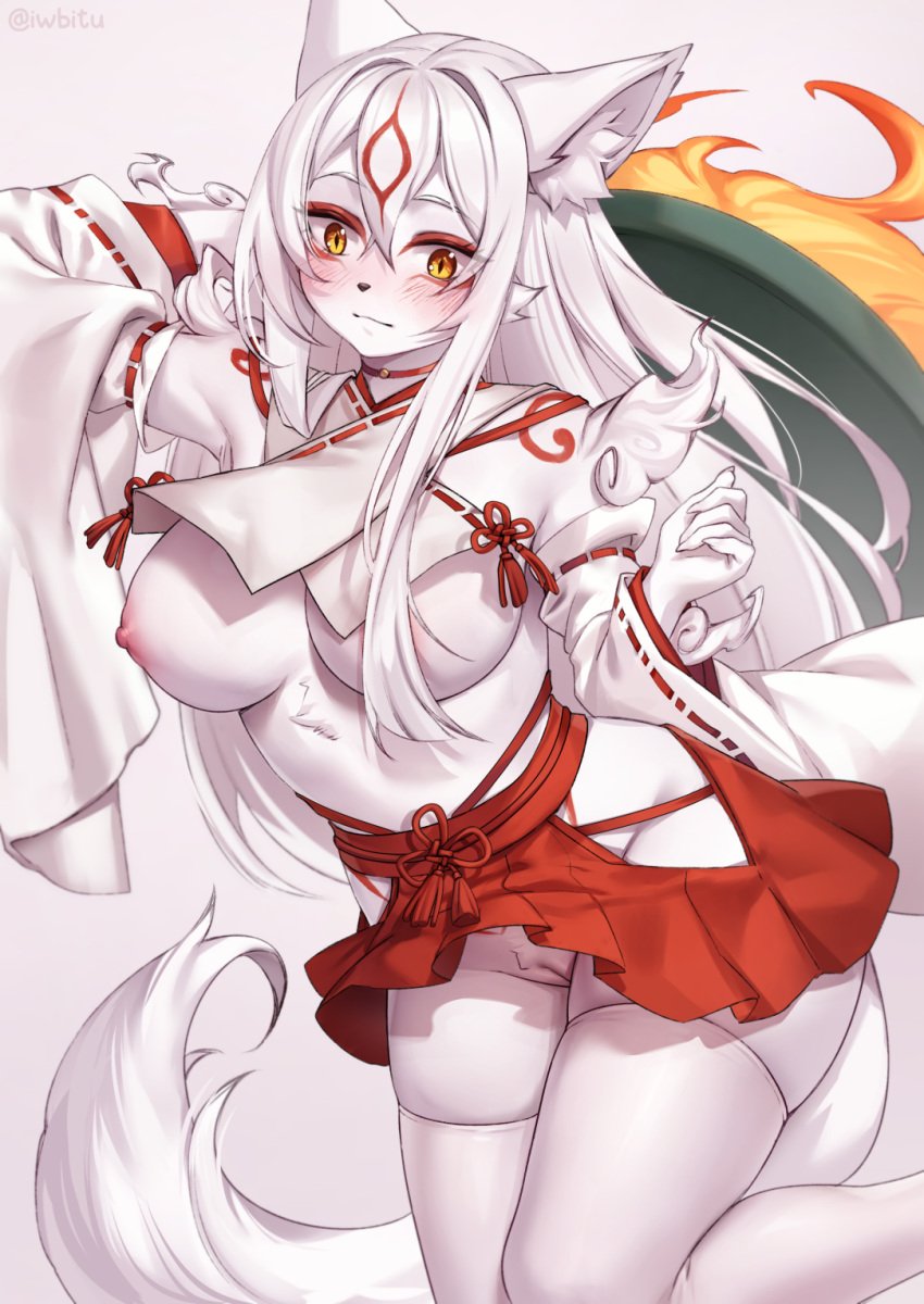 2023 amaterasu amaterasu_(okami) anthro anthrofied asian_clothing bottomless bottomwear breasts canid canine canis capcom clothed clothing east_asian_clothing female fur fur_markings genitals hair hand_behind_head hi_res iwbitu japanese_clothing legwear mammal markings nipples okami okami_(capcom) partially_clothed pussy red_markings skirt solo stockings topwear white_body white_fur white_hair wolf yellow_eyes