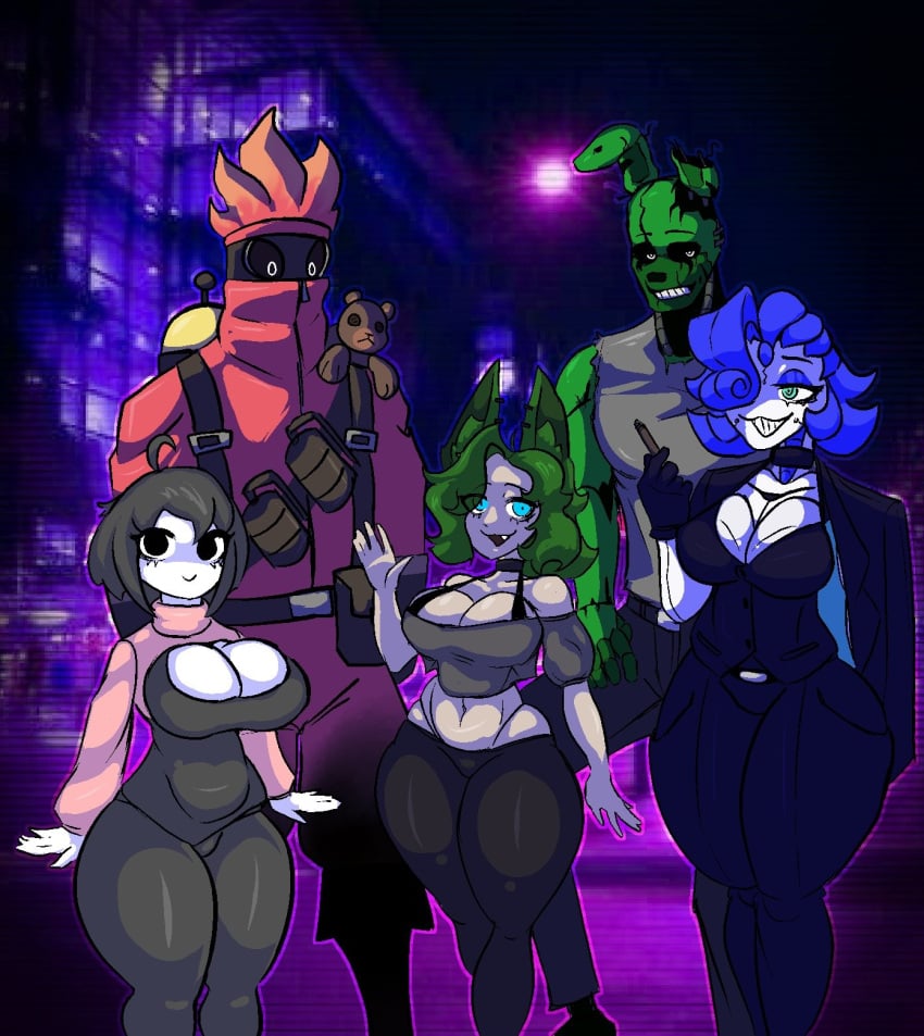 2boys 3girls big_breasts breasts five_nights_at_freddy's huge_breasts mreow_(tatoartss) oc ocavid1 original_character pyro_(team_fortress_2) springtrap springtrap_(fnaf) stormkinght tf2 youke_(ocavid1)