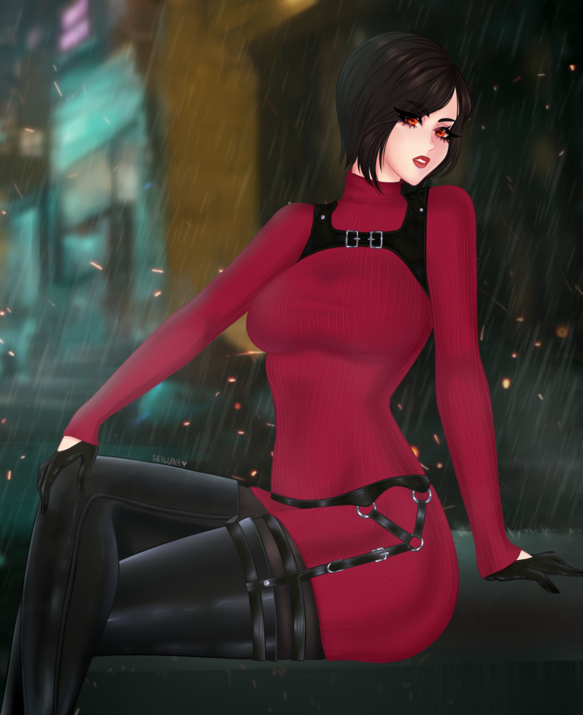 1girls absurd_res ada_wong biohazard black_hair capcom clothing crossed_legs female female_only fully_clothed looking_at_viewer rain red_eyes resident_evil resident_evil_4 resident_evil_4_remake seiluna sitting solo solo_female solo_focus sweater sweater_dress thigh_boots thighhigh_boots