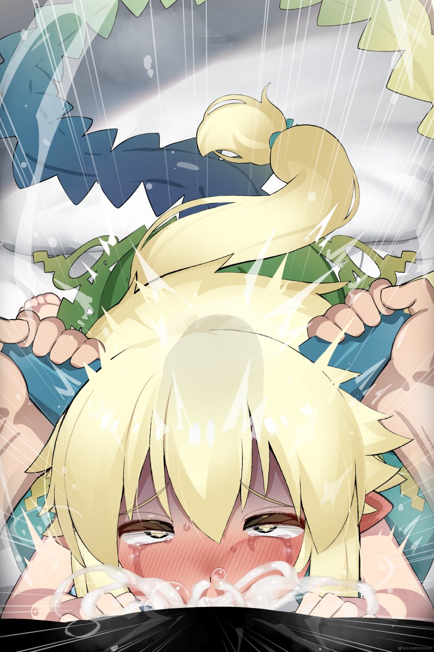 1boy 1girls absurdres bar_censor blonde_hair blush censored cheek_bulge commission coral_(summon_night) crying crying_with_eyes_open cum cum_in_mouth cum_in_nose deepthroat dress ear_blush ejaculation erection fellatio female green_dress hair_between_eyes highres horn_grab horns huge_cock long_hair looking_at_viewer mizumizuni nose_blush nose_bubble oral overflow penis pov rape rolling_eyes saliva sitting skeb_commission soles solo_focus straight summon_night summon_night_4 sweat tail tears veins veiny_penis yellow_eyes