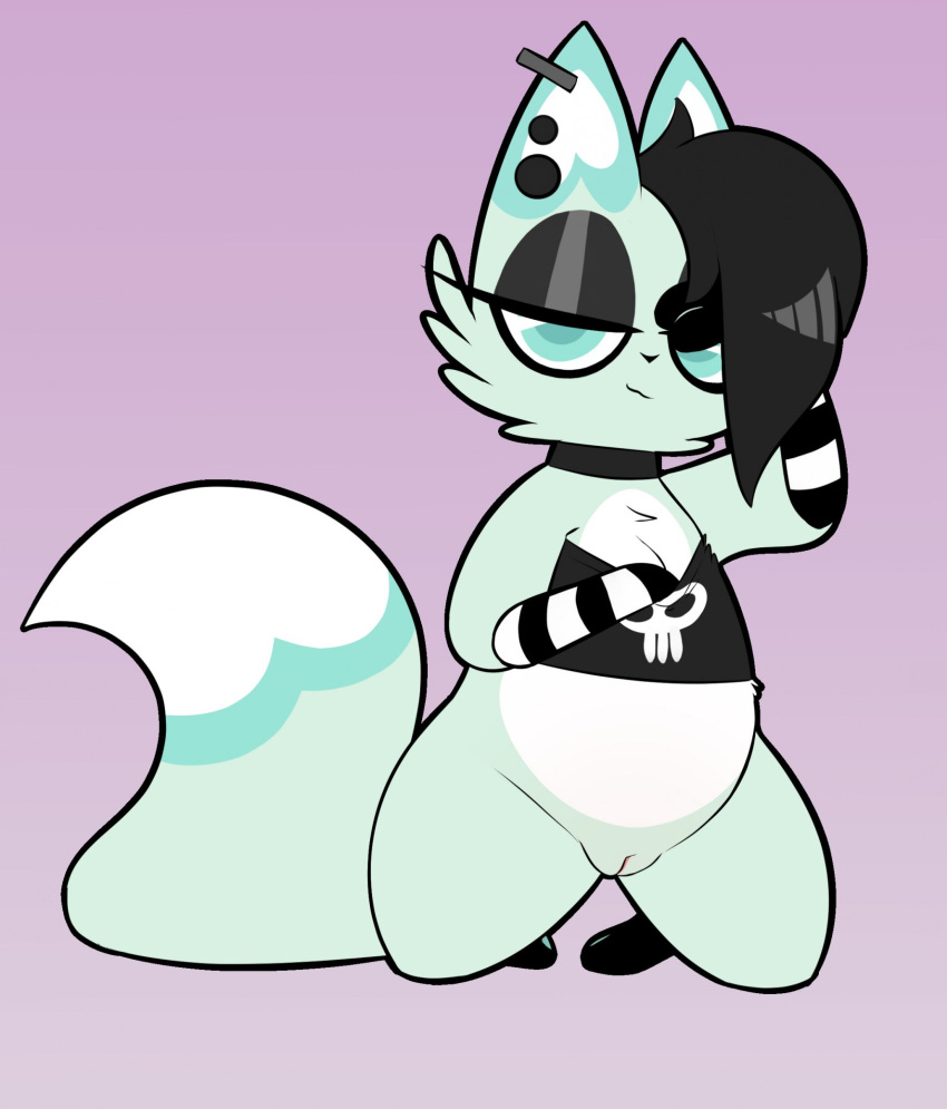 1girls 2023 anthro arctic_fox black_hair blue_body blue_eyes blue_fur bottomless bottomless_female canid canine chikn_nuggit choker clothed clothed_feral clothing ear_piercing eyeshadow female female_only feral feral_only fox front_view full-length_portrait fur genitals goth goth_slushi_(chikn_nuggit) hair half-closed_eyes hi_res honeymono jewelry kneeling looking_at_viewer makeup mammal narrowed_eyes necklace piercing pussy slushi_(chikn_nuggit) solo topwear tube_top whore_eyes