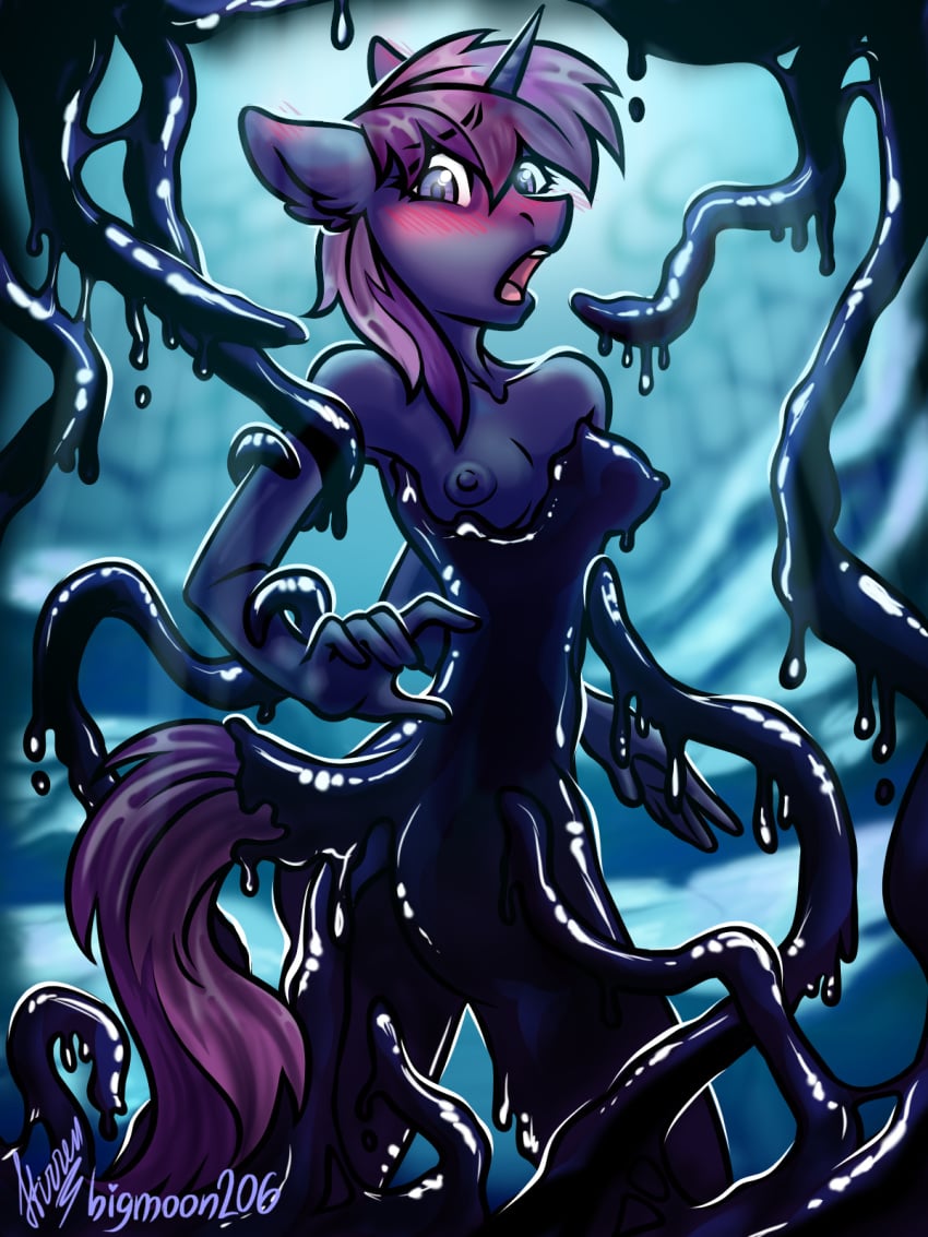 anthro bigmoon206 blush bound collaboration encasement equid equine female goo_creature hasbro hi_res horn living_latex mammal my_little_pony open_mouth slim_anthro slim_female solo stirren tendrils tentacle unicorn