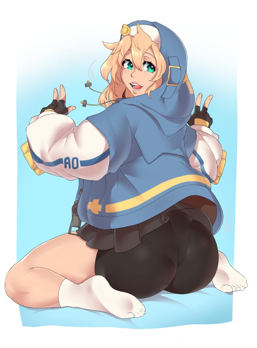 1girls abstract_background ass big_ass bike_shorts blonde_hair blue_eyes bridget fingerless_gloves fully_clothed guilty_gear guilty_gear_strive hexprinxess hoodie kneeling large_ass long_hair looking_back rule_63 shorts smile socks solo thick_thighs thighs