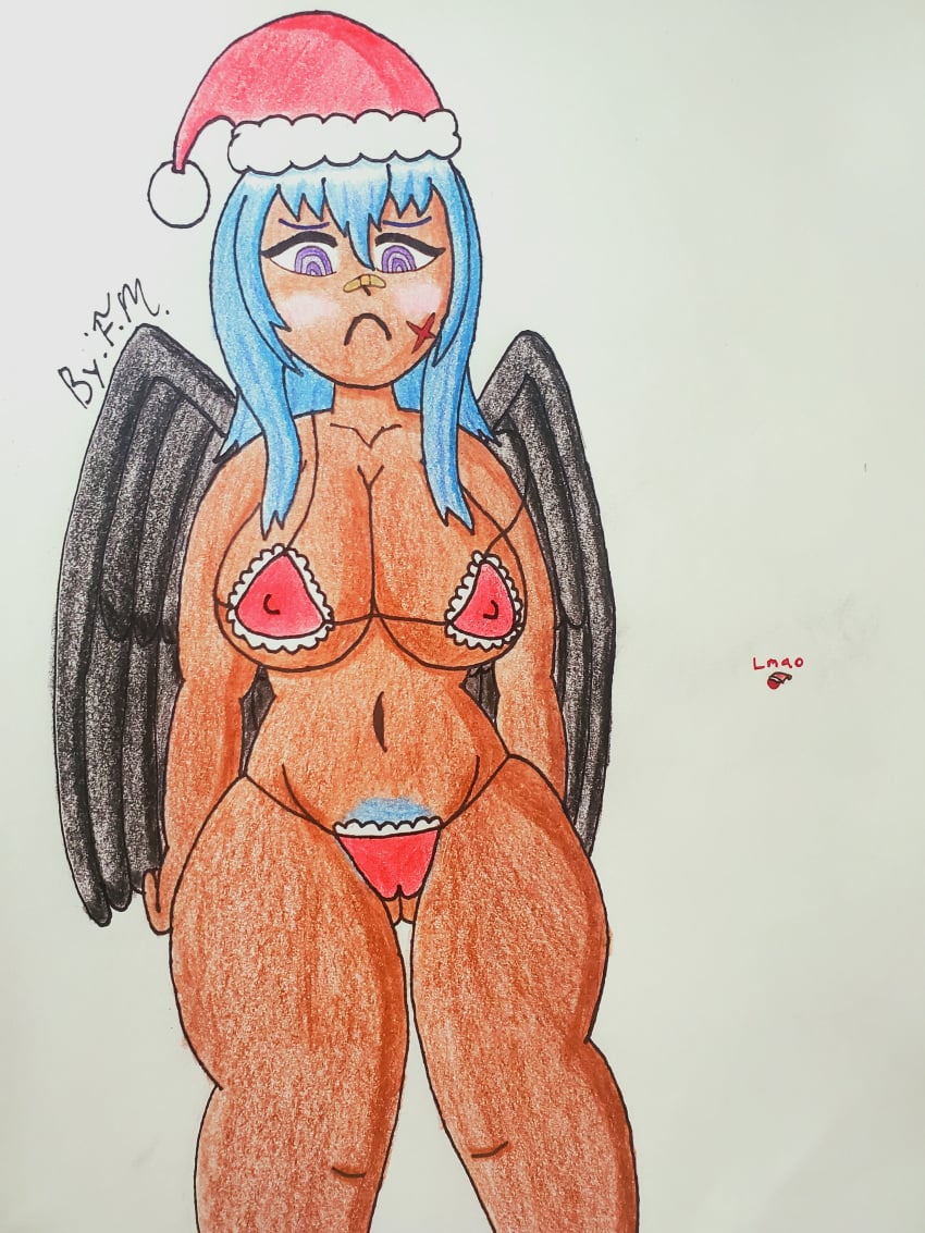 dark-skinned_female darkette embarrassed f.m. female_pubic_hair first_porn_of_character huge_breasts oc santa_hat wide_hips wings